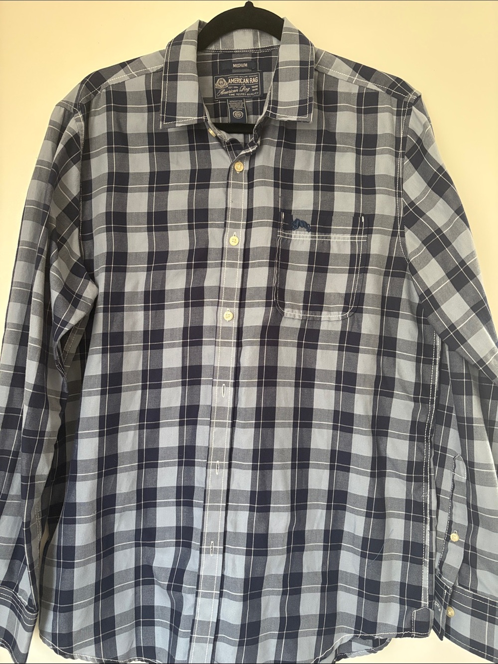 American Rag Men's Navy and Light Blue Plaid Button-Down Shirt